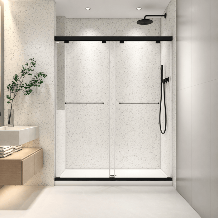 Astra 49"-54" or 55"-60" W x 76" H Frameless Double Sliding Shower Door with 5/16"(8mm) Tempered Clear Glass and Soft-Close in Matte Black