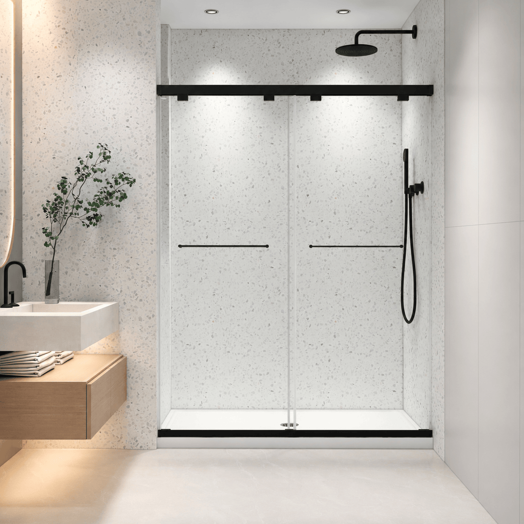Astra 49"-54" or 55"-60" W x 76" H Frameless Double Sliding Shower Door with 5/16"(8mm) Tempered Clear Glass and Soft-Close in Matte Black