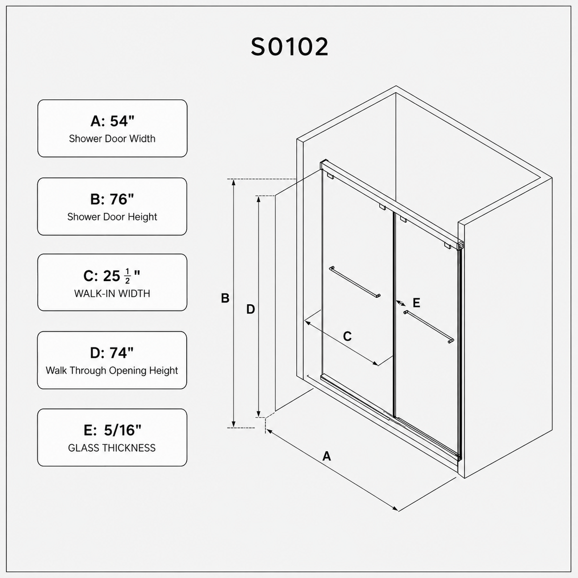 Astra 49"-54" or 55"-60" W x 76" H Frameless Double Sliding Shower Door with 5/16"(8mm) Tempered Clear Glass and Soft-Close