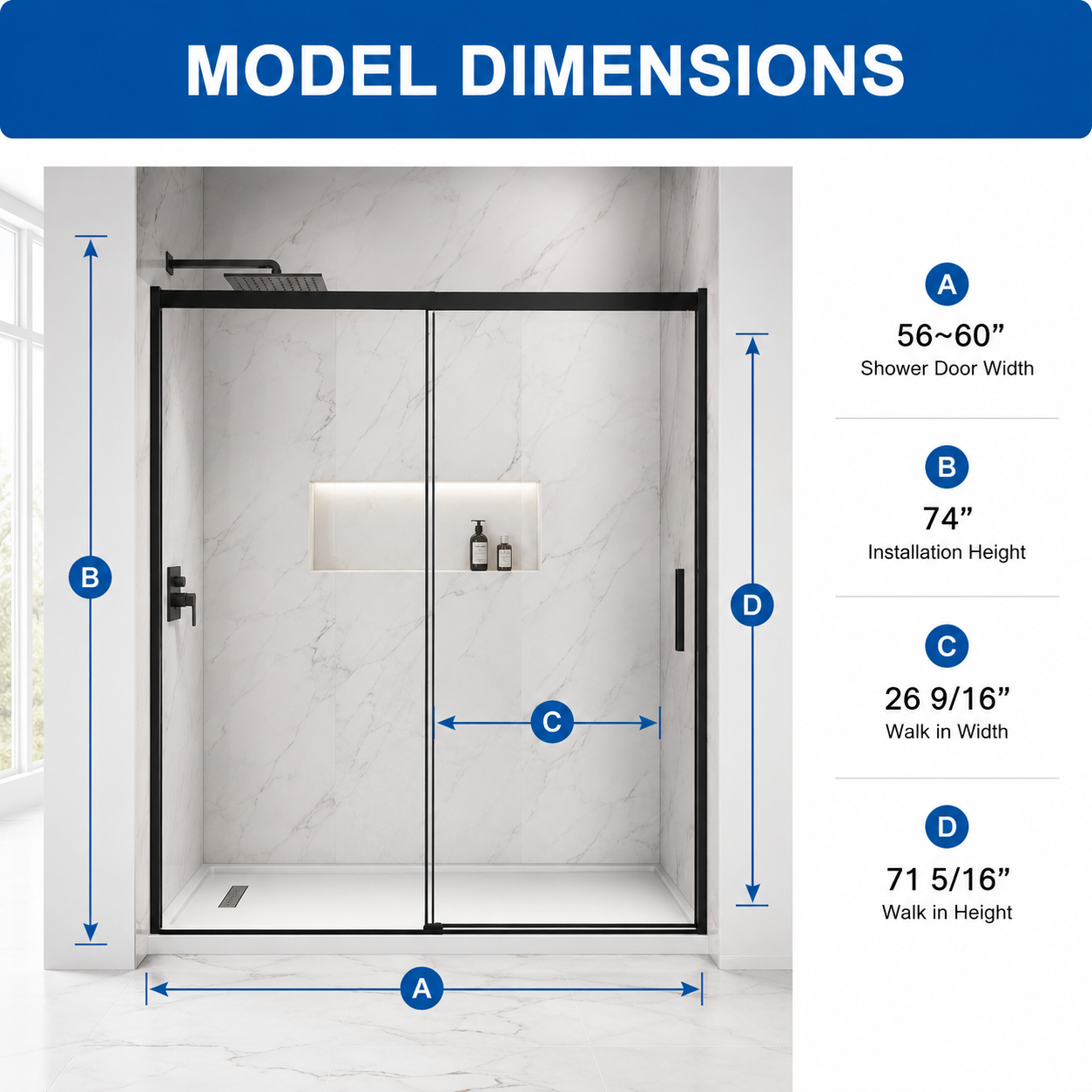 Jade 56"-60" W x 74" H Semi-Frameless Sliding Shower Door with 1/4"(6mm) Tempered Clear Glass