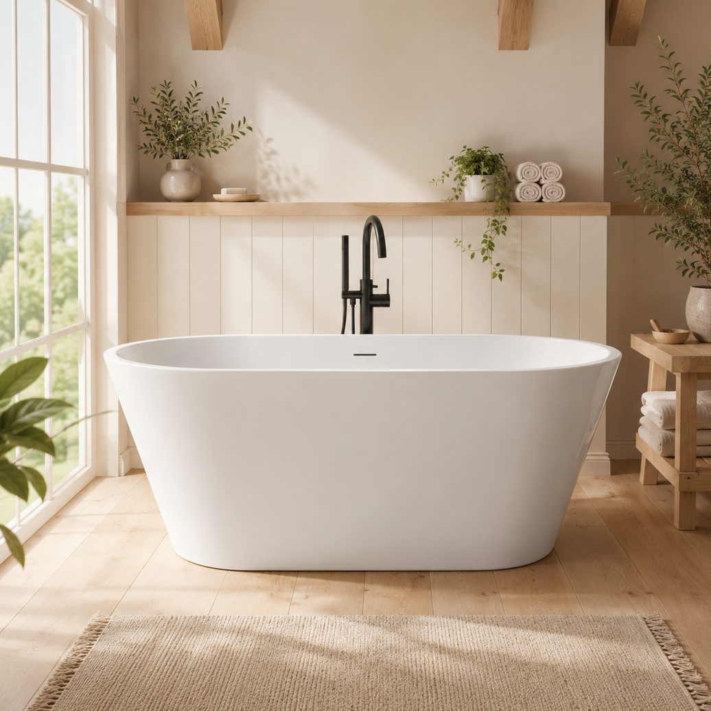 60" Acrylic Freestanding Bathtub with Pop-Up Drain and Overflow in Gloss White