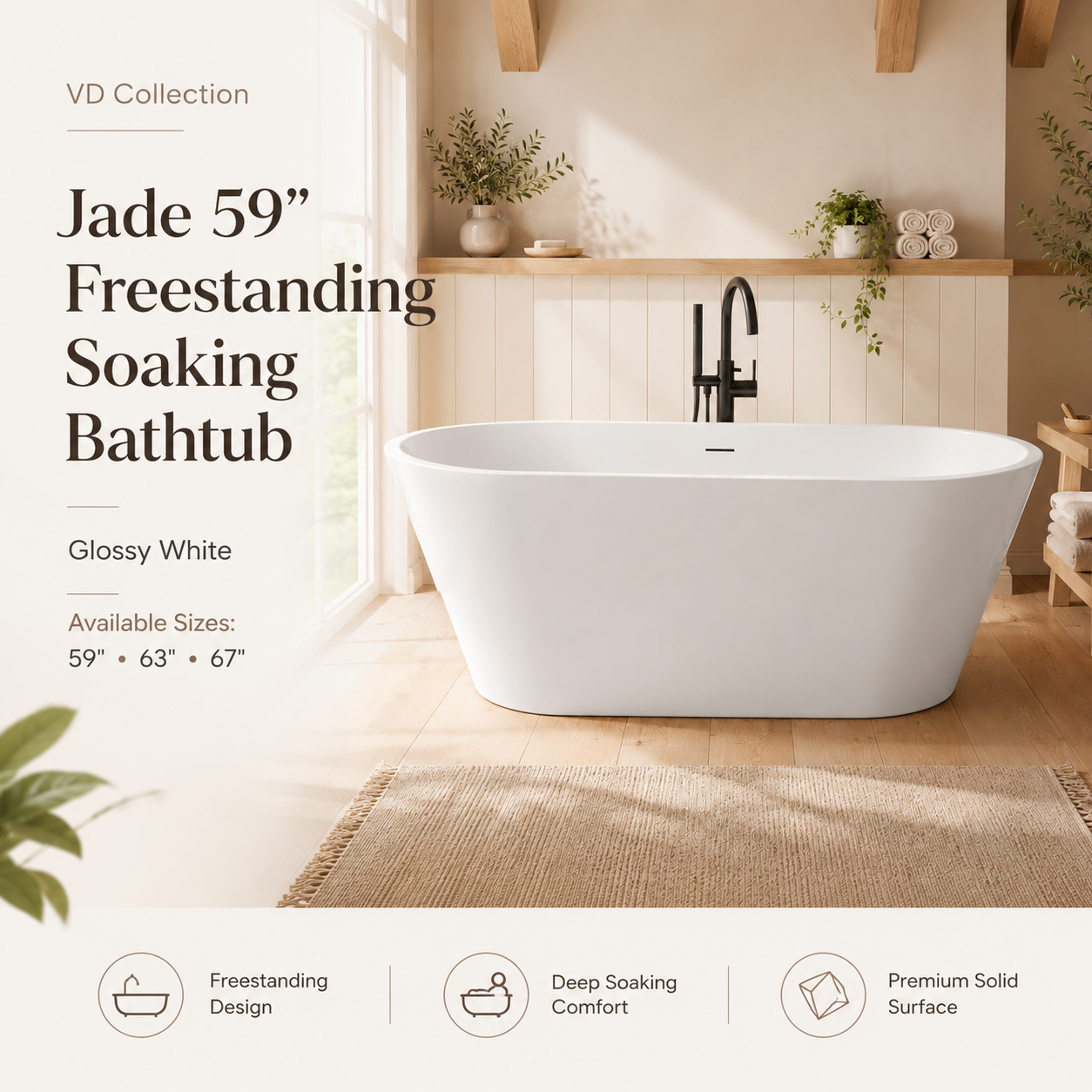 60" Acrylic Freestanding Bathtub with Pop-Up Drain and Overflow in Gloss White