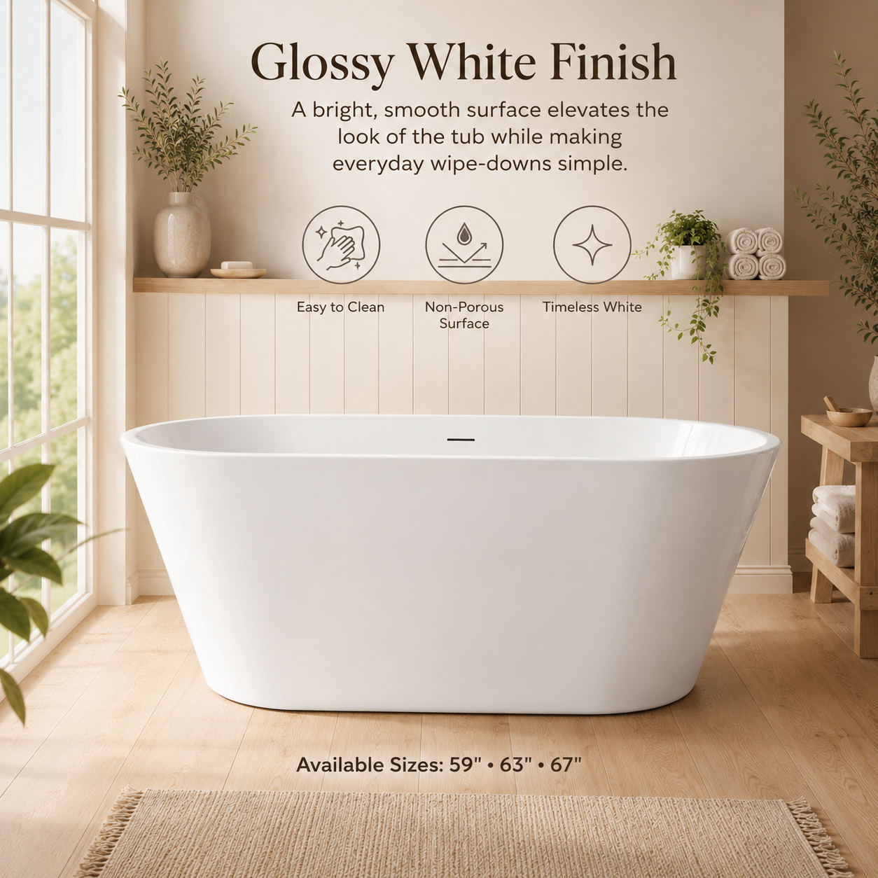 60" Acrylic Freestanding Bathtub with Pop-Up Drain and Overflow in Gloss White