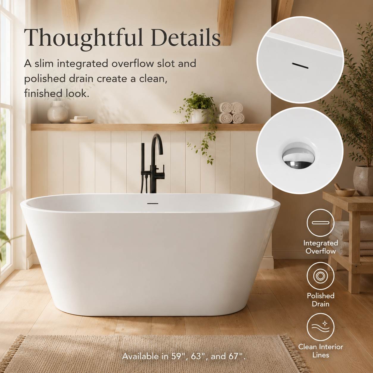 60" Acrylic Freestanding Bathtub with Pop-Up Drain and Overflow in Gloss White