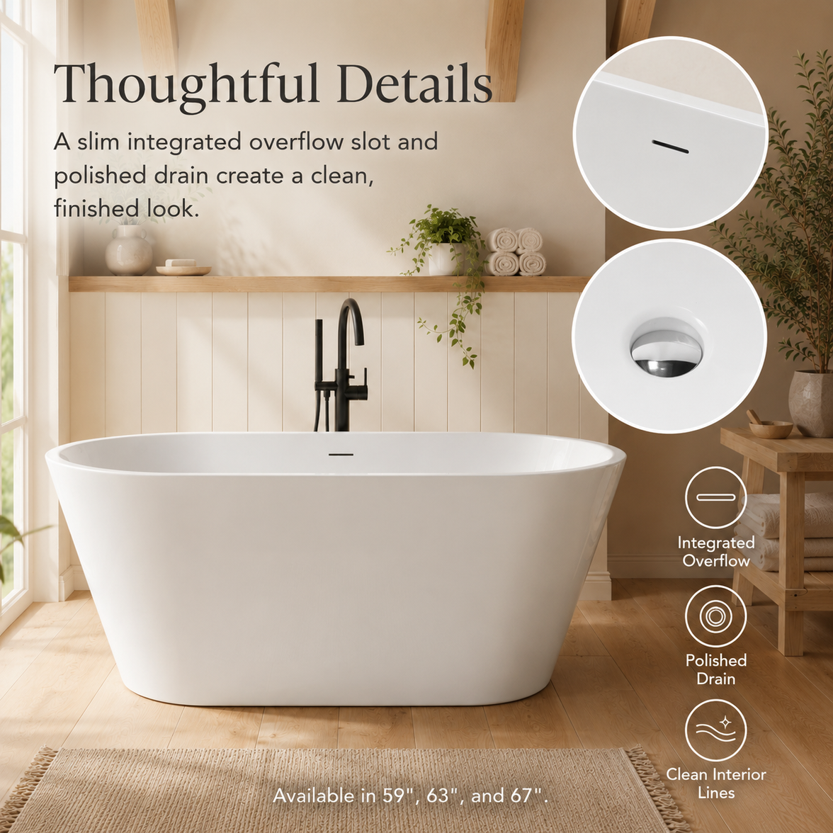 60" Acrylic Freestanding Bathtub with Pop-Up Drain and Overflow in Gloss White