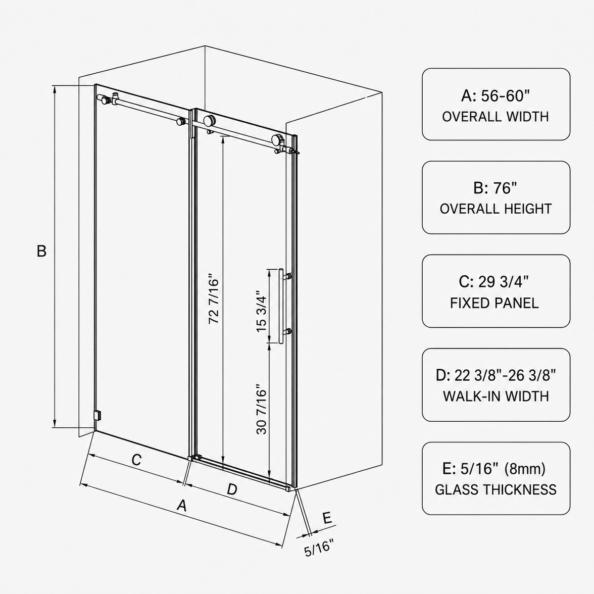 Jade 56"-60" W x 76" H Frameless Single Sliding Shower Door with 5/16"(8mm) Tempered Clear Glass and Buffer Design