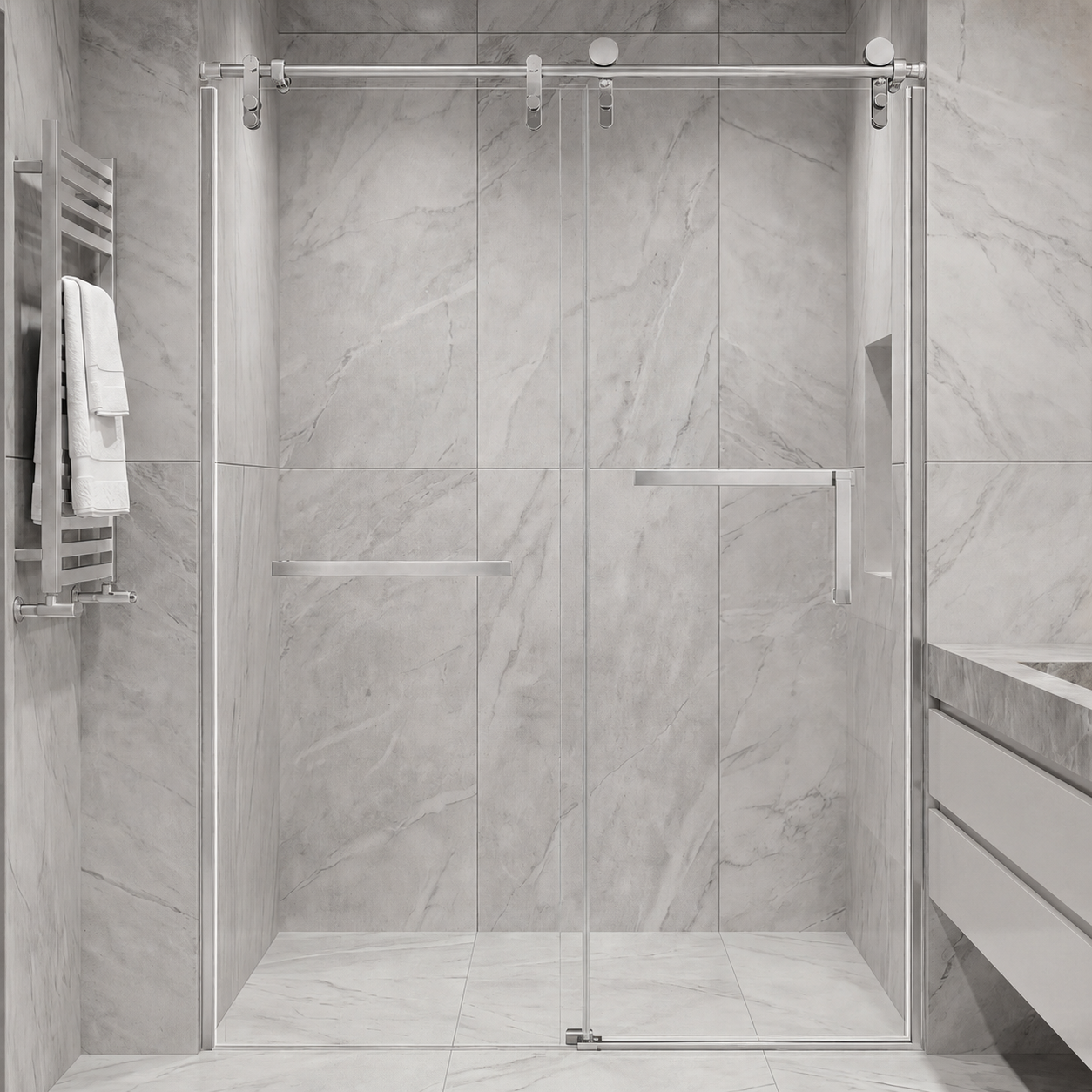 Jade 48"-52" or 60"-64" W x 76" H Semi-Frameless Single Sliding Shower Door with 5/16"(8mm) Tempered Clear Glass and Stainless Steel Hardware