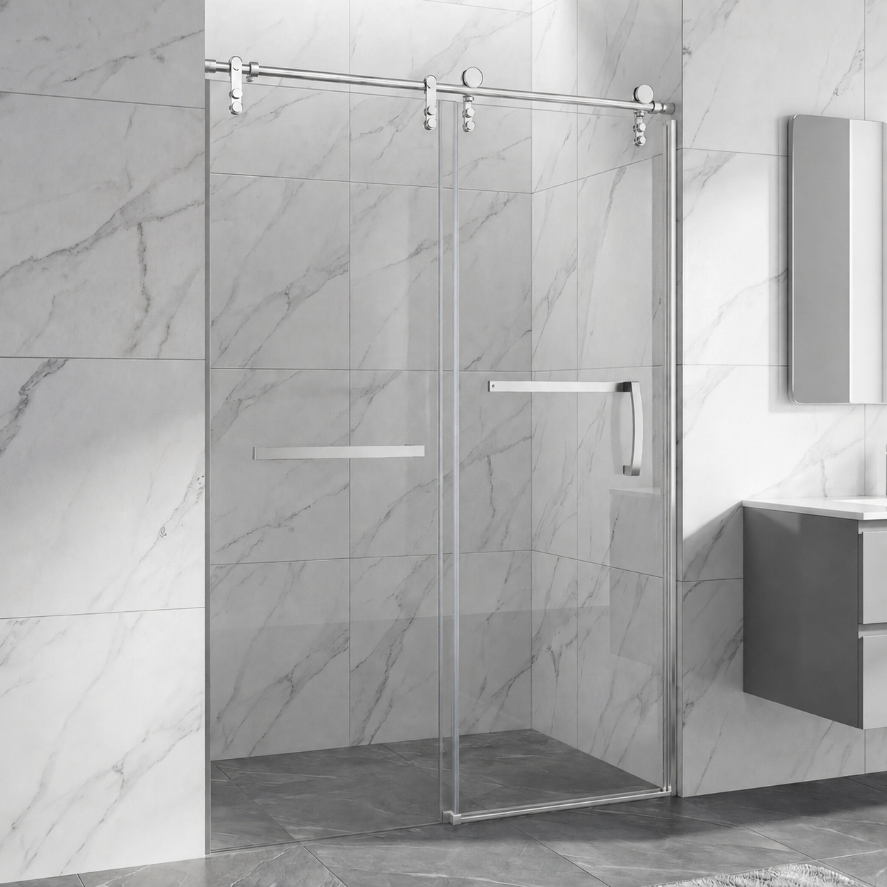 Jade 48"-52" or 60"-64" W x 76" H Semi-Frameless Single Sliding Shower Door with 5/16"(8mm) Tempered Clear Glass and Stainless Steel Hardware