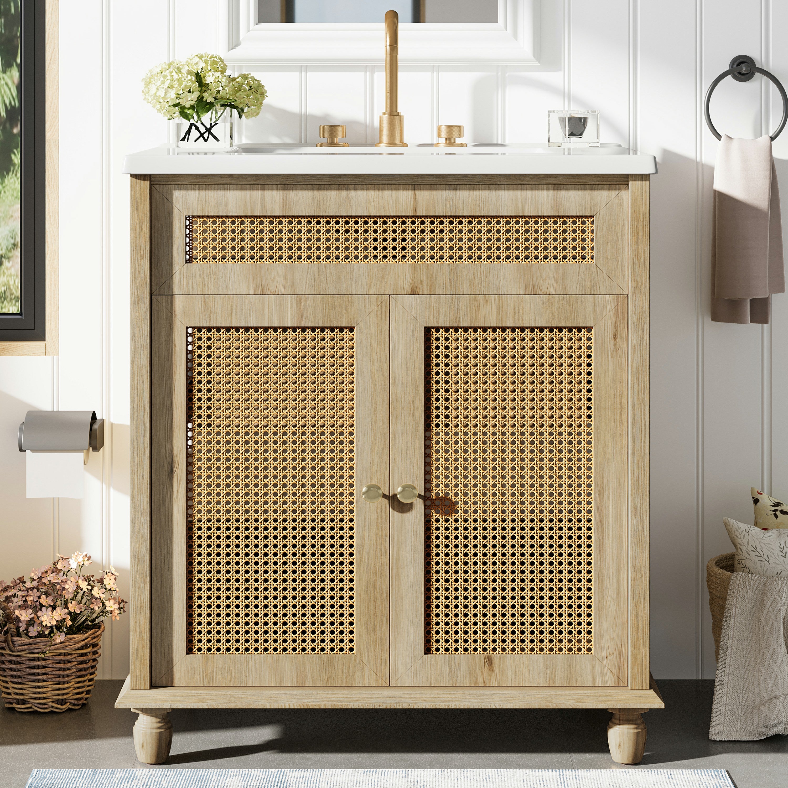 30" Free-standing Bathroom Vanity with Resin Sink, Rattan Doors and Soft-Close Storage
