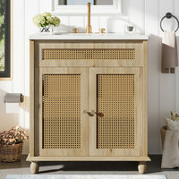 30" Freestanding Bathroom Vanity with Resin Sink, Rattan Doors and Soft-Close Storage