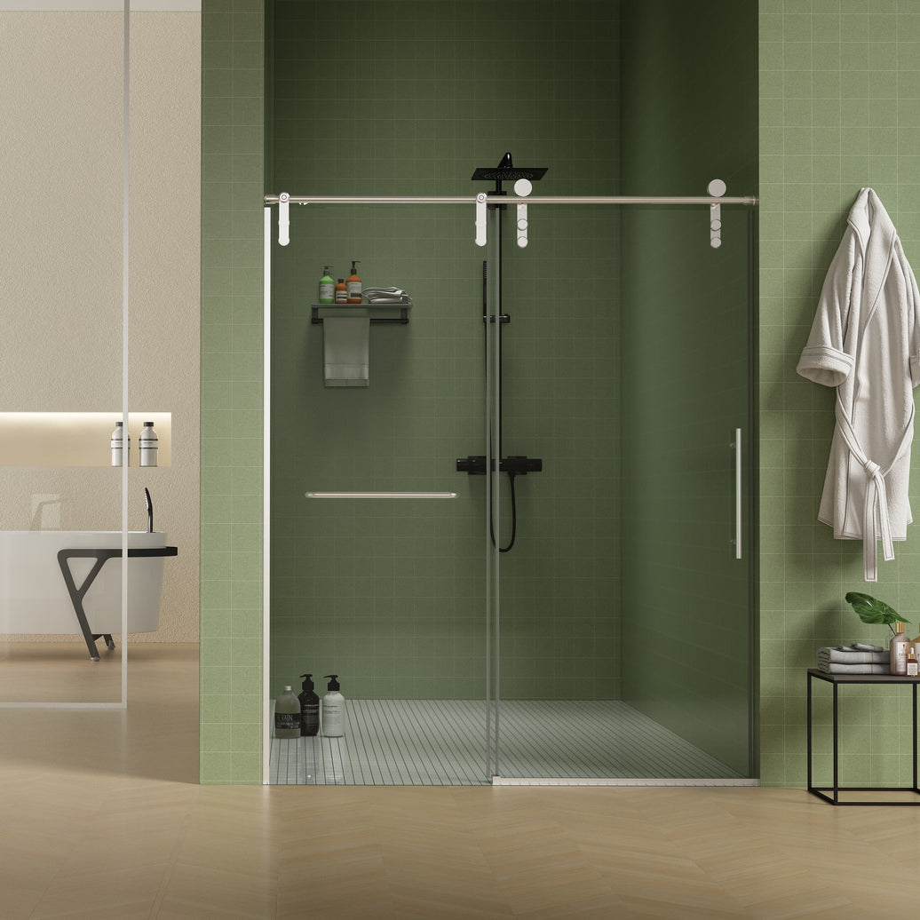 Jade 56"-60" W x 76" H Frameless Single Sliding Shower Door with 5/16"(8mm) Tempered Glass with Towel Bar in Brushed Nickel