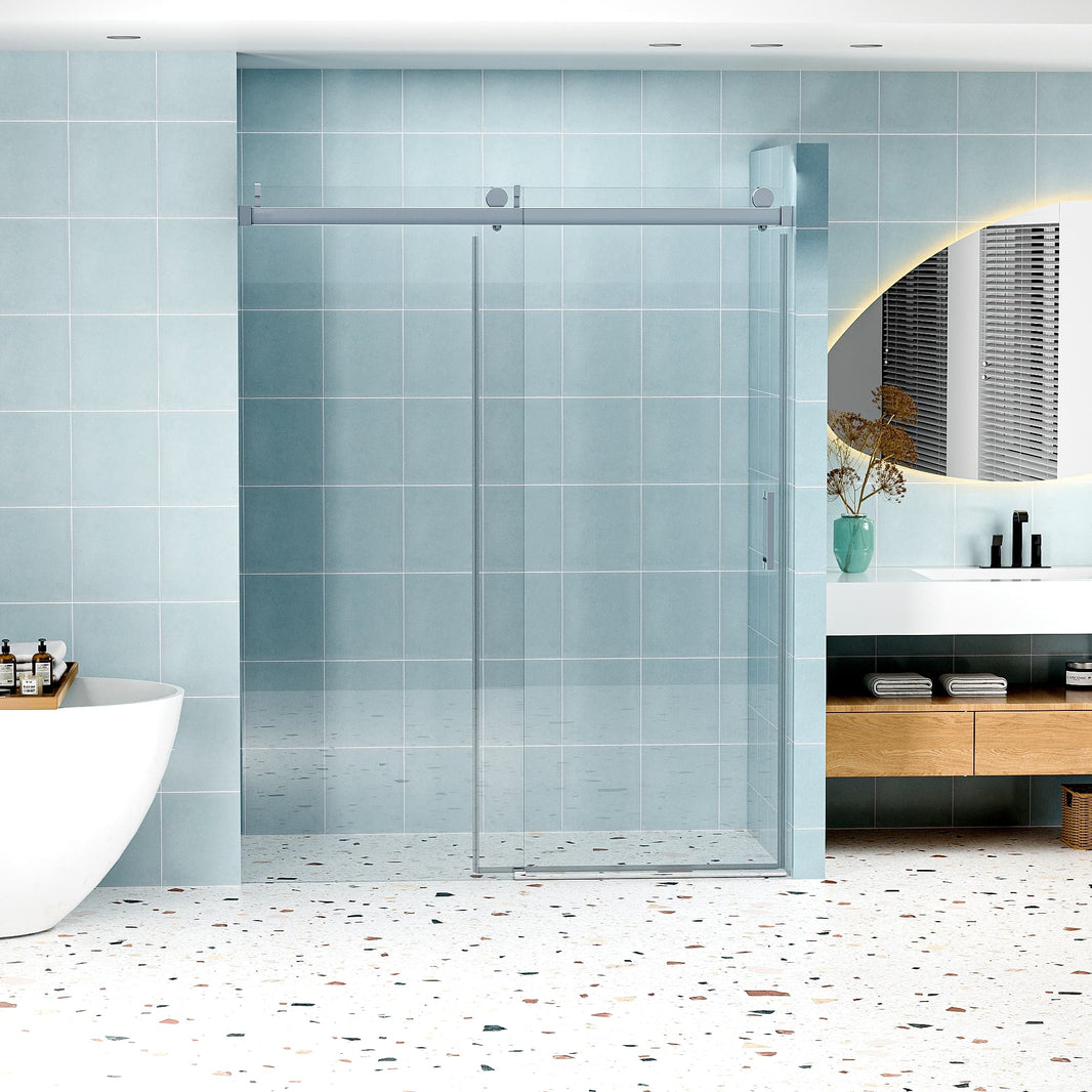 Astra 56"-60" W x 76" H Frameless Single Sliding Shower Door with 1/4"(6mm) Tempered Clear Glass and Soft-Close