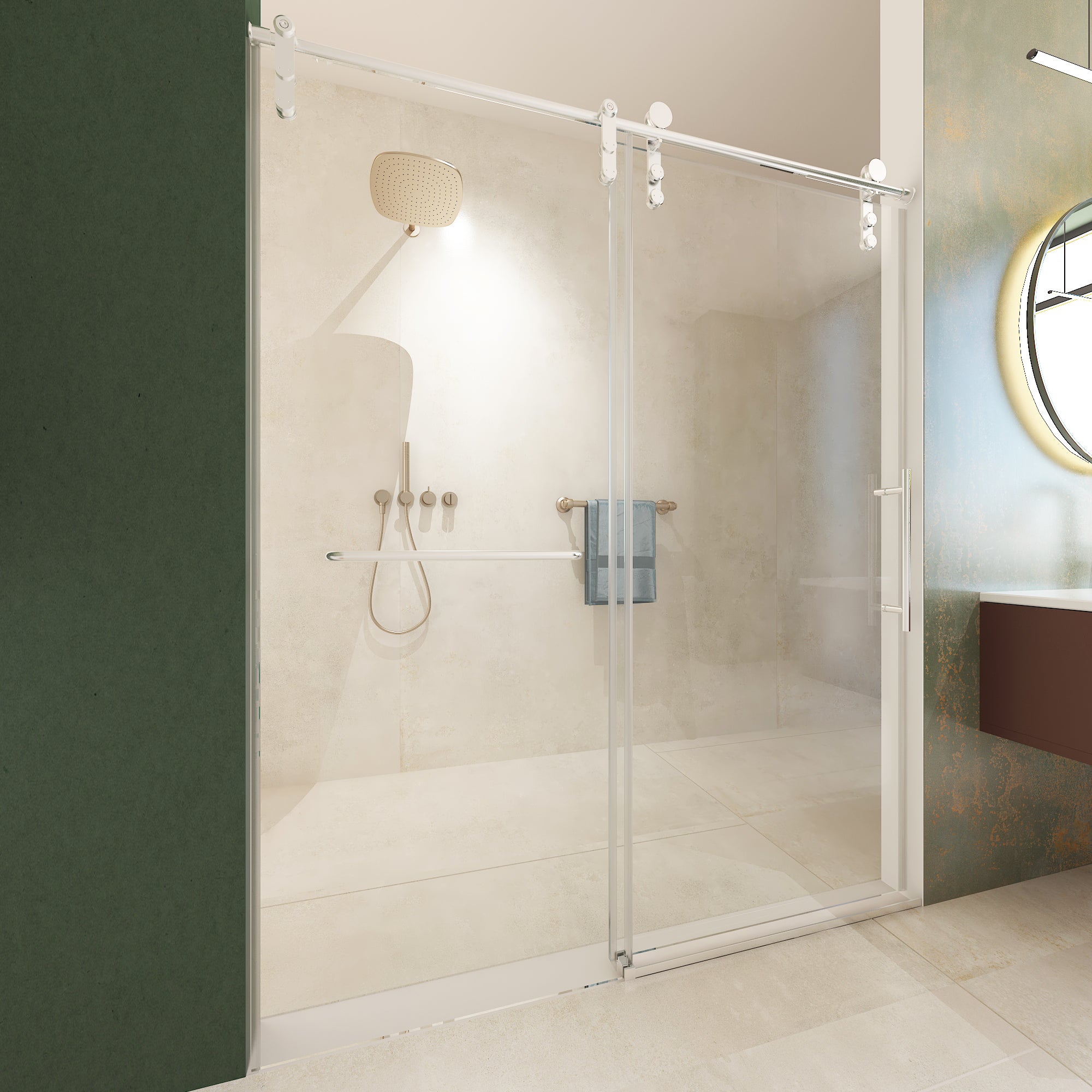 Jade 56"-60" W x 70" H Frameless Single Sliding Shower Door with 5/16"(8mm) Tempered Clear Glass with Towel Bar