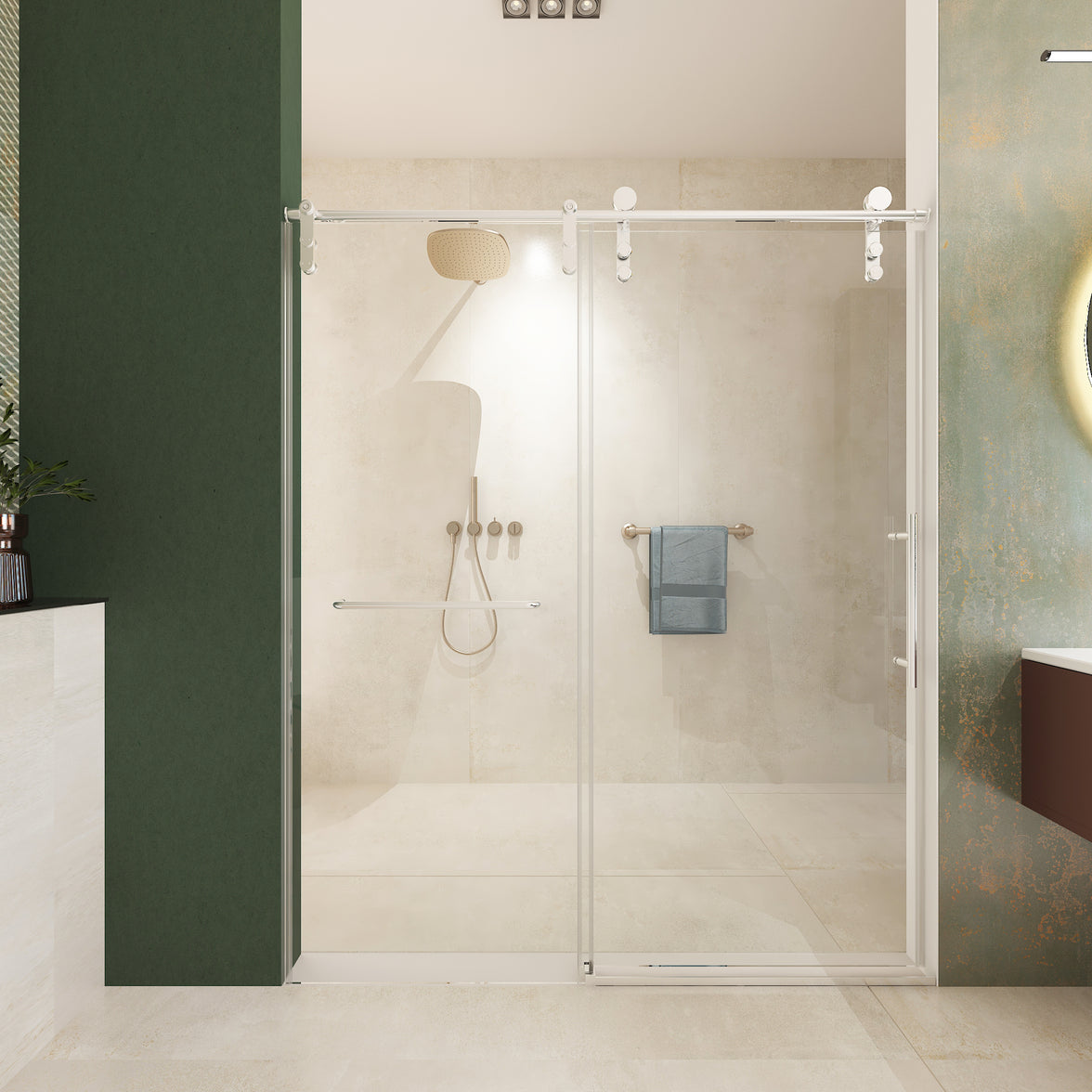 Jade 56"-60" W x 70" H Frameless Single Sliding Shower Door with 5/16"(8mm) Tempered Clear Glass with Towel Bar