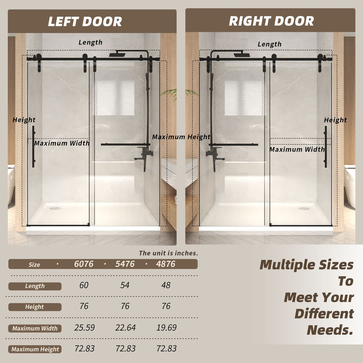 Jade 56"-60" W x 76" H Frameless Single Sliding Shower Door with 5/16"(8mm) Tempered Clear Glass in Matte Black