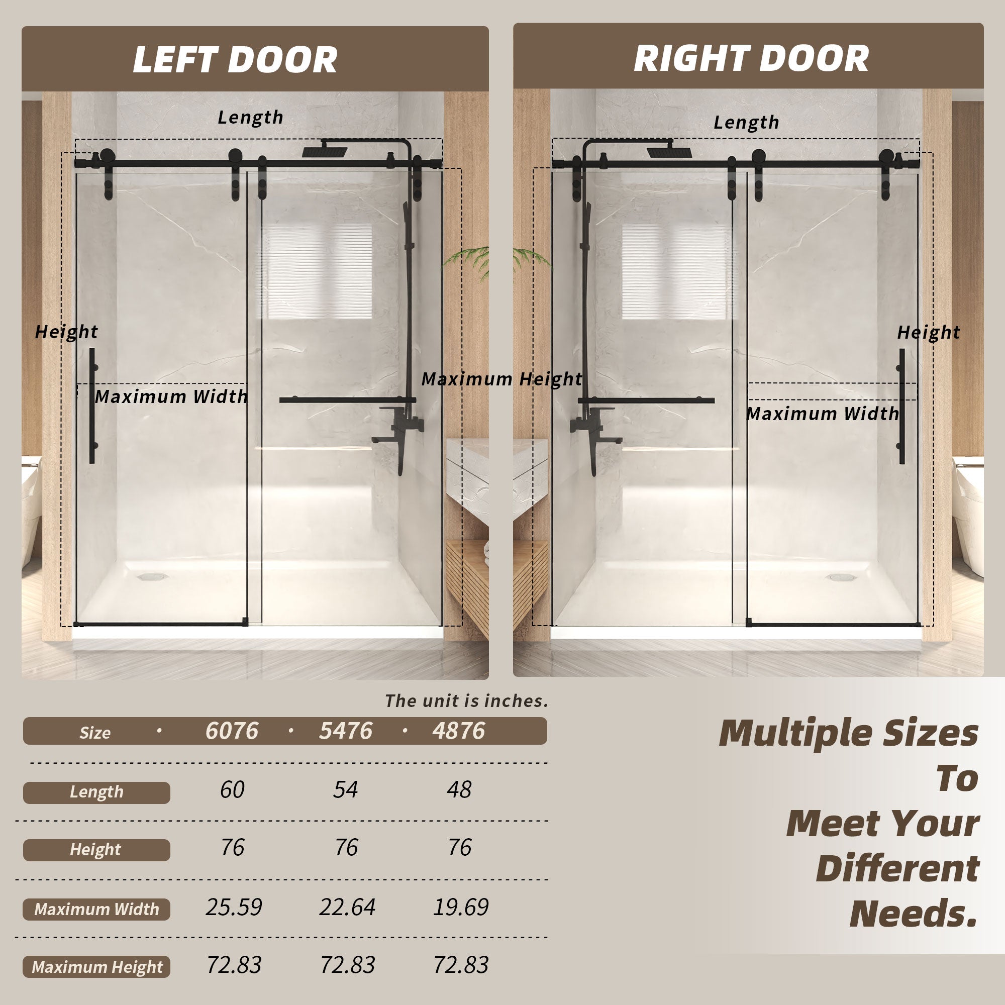 Jade 56"-60" W x 76" H Frameless Single Sliding Shower Door with 1/4"(6mm) Tempered Glass and Stainless Steel Hardware