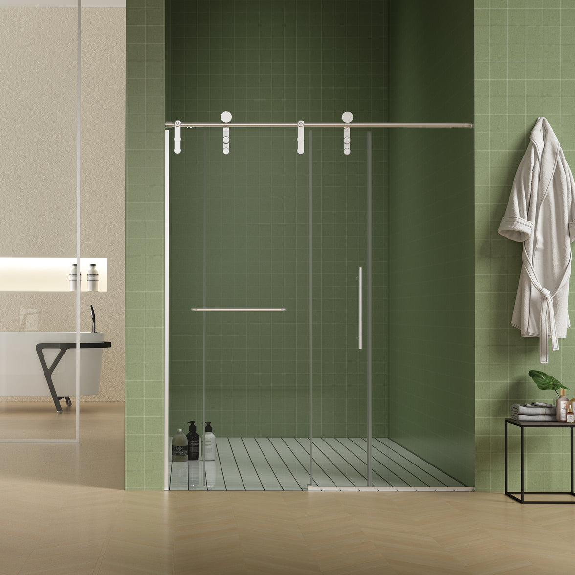 Jade 56"-60" W x 70" H Frameless Single Sliding Shower Door with 5/16"(8mm) Tempered Clear Glass with Towel Bar
