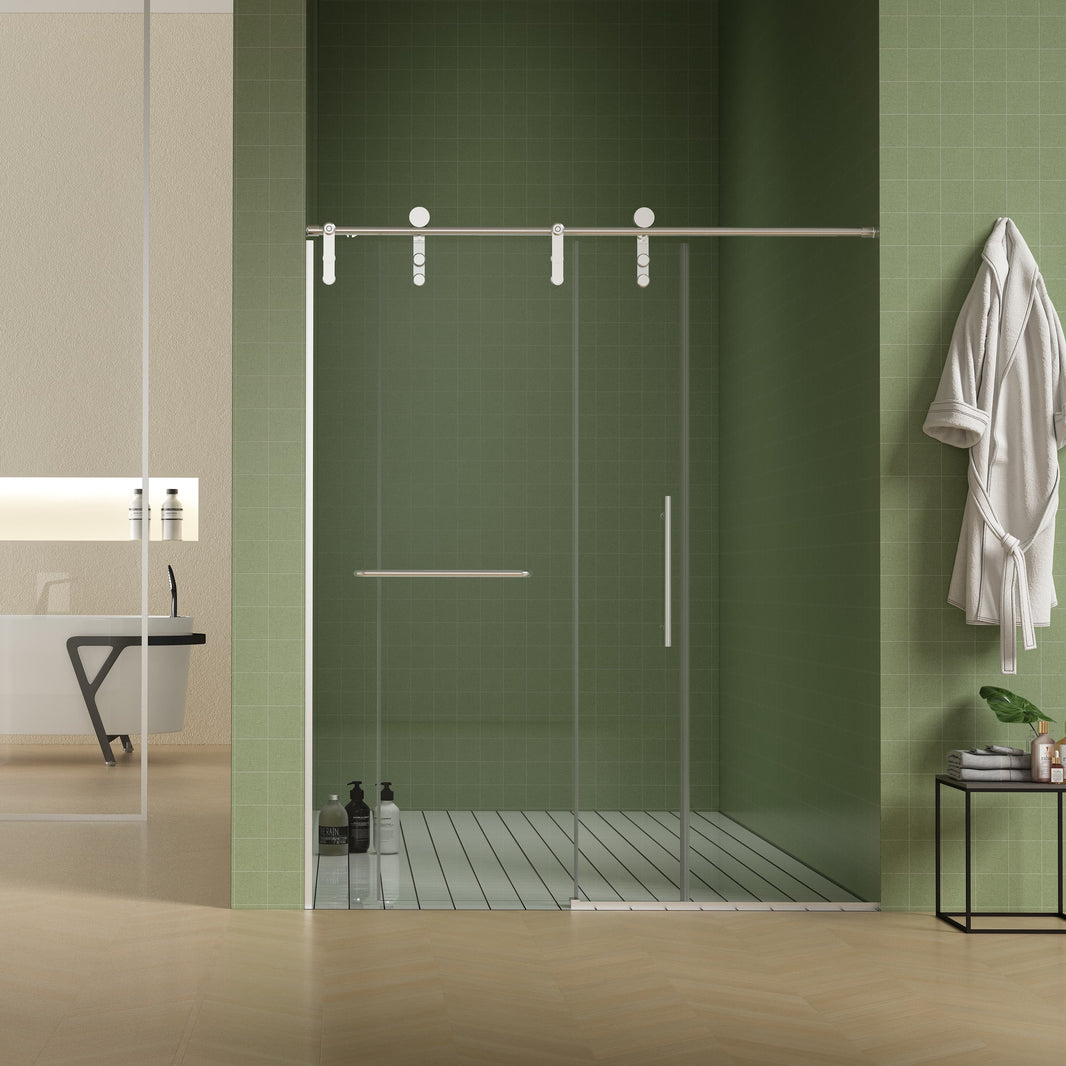 Jade 56"-60" W x 76" H Frameless Single Sliding Shower Door with 5/16"(8mm) Tempered Glass with Towel Bar in Brushed Nickel