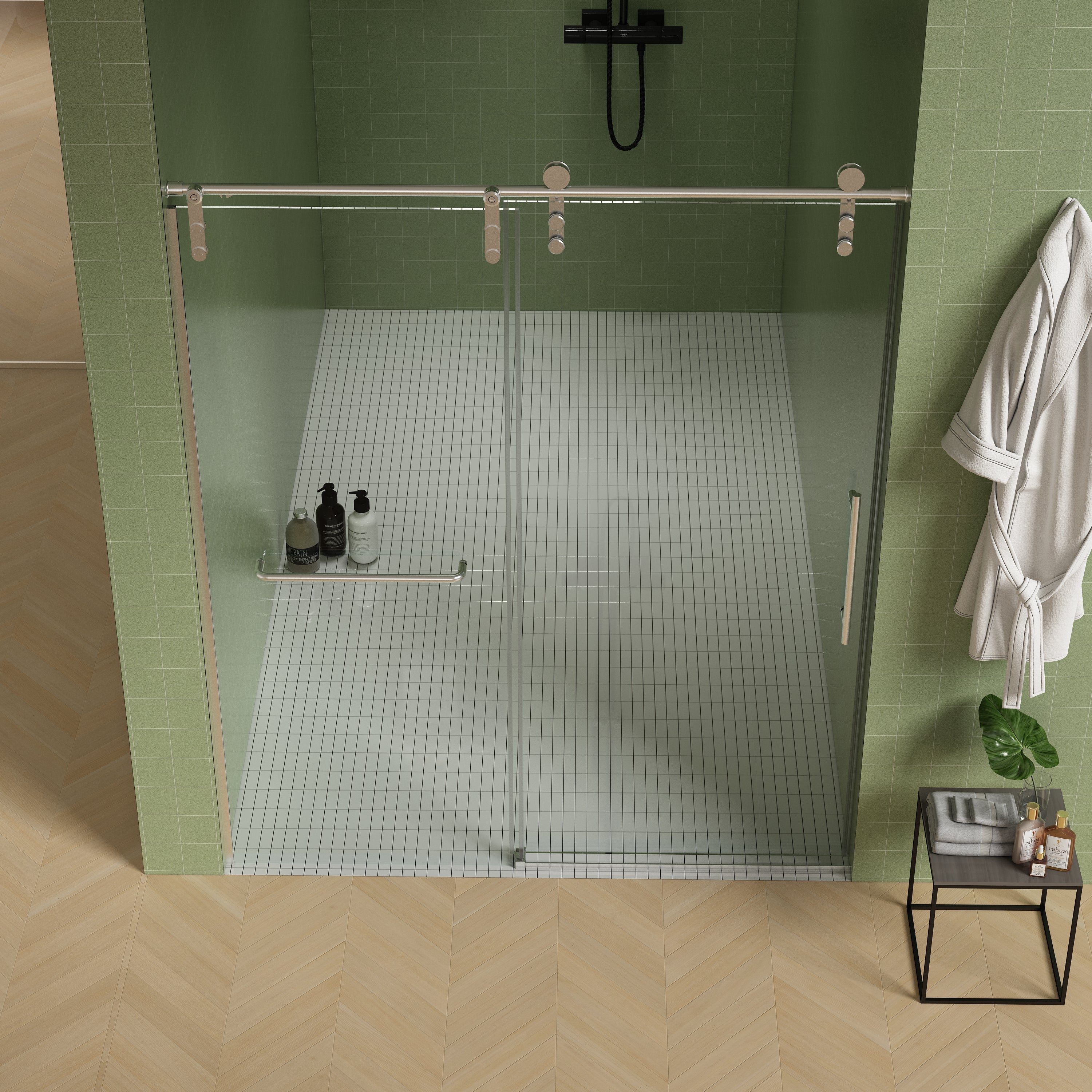 Jade 56"-60" W x 70" H Frameless Single Sliding Shower Door with 5/16"(8mm) Tempered Clear Glass with Towel Bar