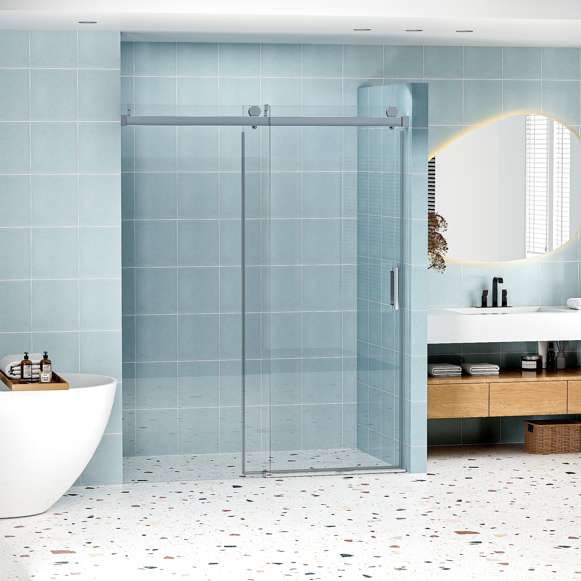 Astra 56"-60" W x 76" H Frameless Single Sliding Shower Door with 1/4"(6mm) Tempered Clear Glass and Soft-Close