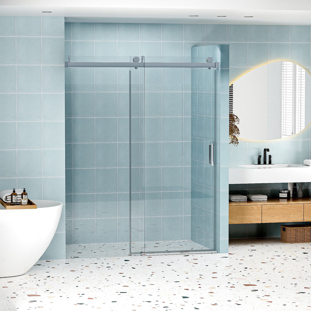 Astra 56"-60" W x 76" H Frameless Single Sliding Shower Door with 1/4"(6mm) Tempered Clear Glass and Soft-Close