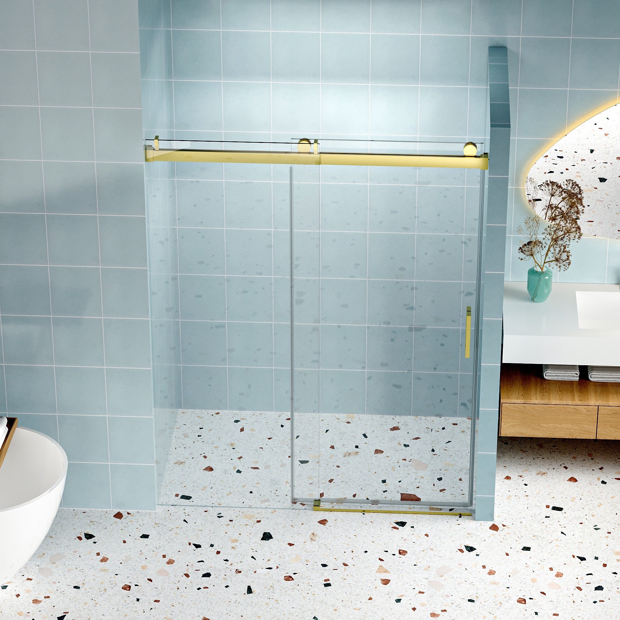 Astra 56"-60" W x 76" H Frameless Single Sliding Shower Door with 1/4"(6mm) Tempered Clear Glass and Soft-Close