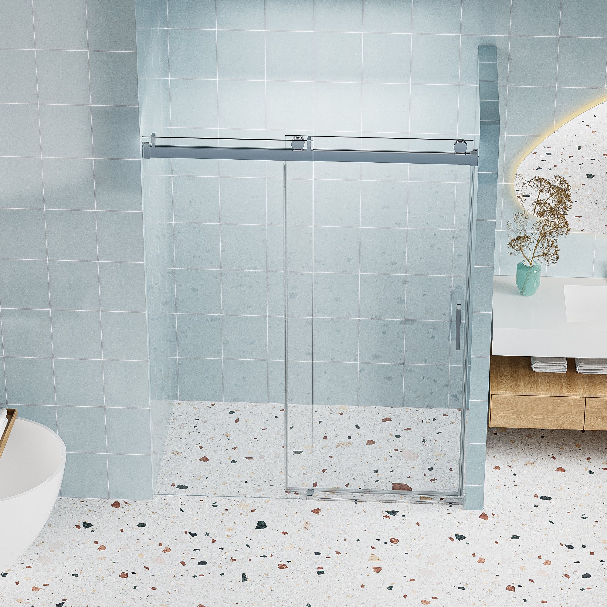 Astra 56"-60" W x 76" H Frameless Single Sliding Shower Door with 1/4"(6mm) Tempered Clear Glass and Soft-Close
