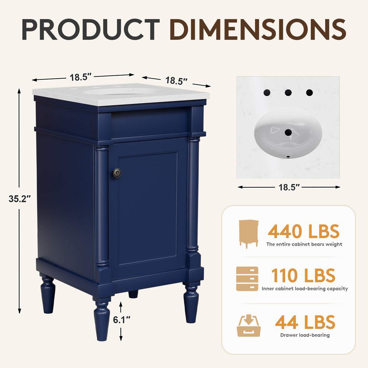 Somerset 19" Freestanding Bathroom Vanity with Engineered Marble Top, Ceramic Sink and Soft-Close Door