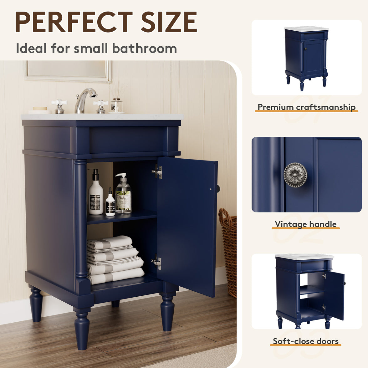 Somerset 19" Freestanding Bathroom Vanity with Engineered Marble Top, Ceramic Sink and Soft-Close Door