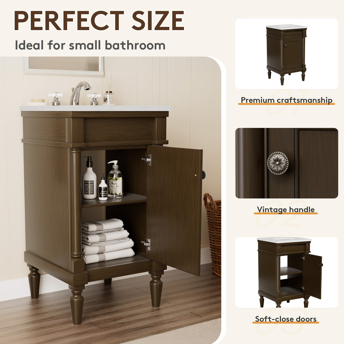 Somerset 19" Freestanding Bathroom Vanity with Engineered Marble Top, Ceramic Sink and Soft-Close Door