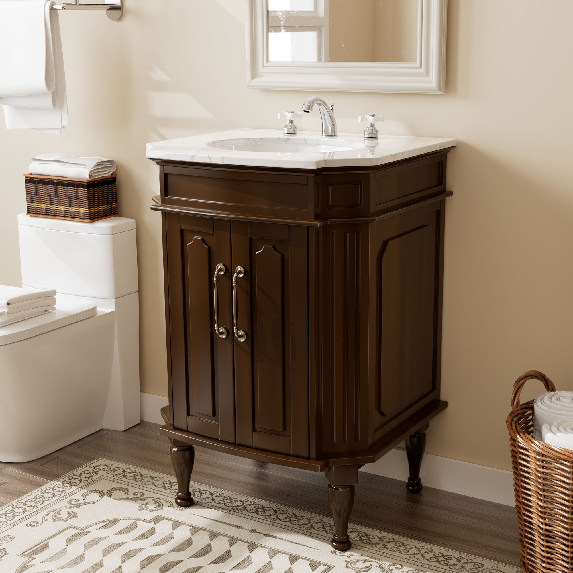 Providence 24" Freestanding Bathroom Vanity with White Marble Top, Ceramic Sink, Fully Assembled