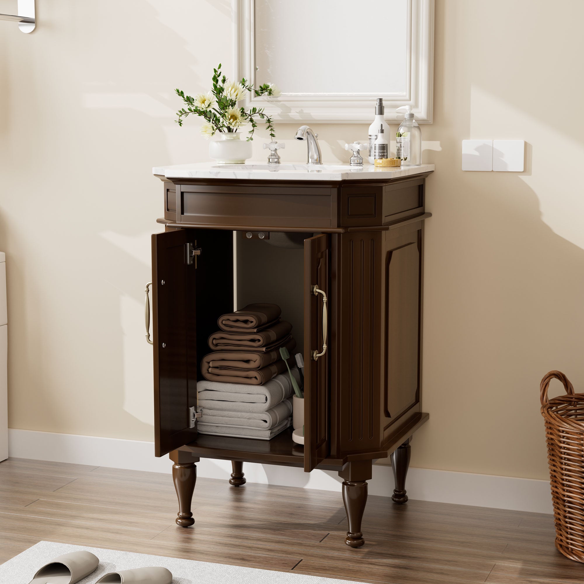 Providence 24" Freestanding Bathroom Vanity with White Marble Top, Ceramic Sink, Fully Assembled