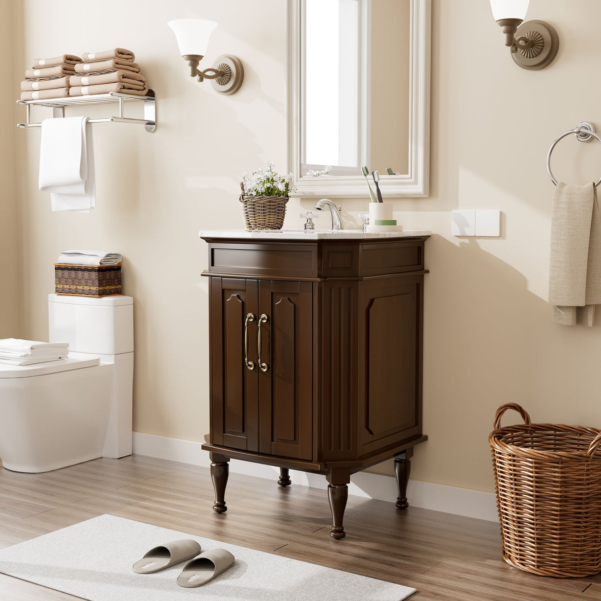 Providence 24" Freestanding Bathroom Vanity with White Marble Top, Ceramic Sink, Fully Assembled