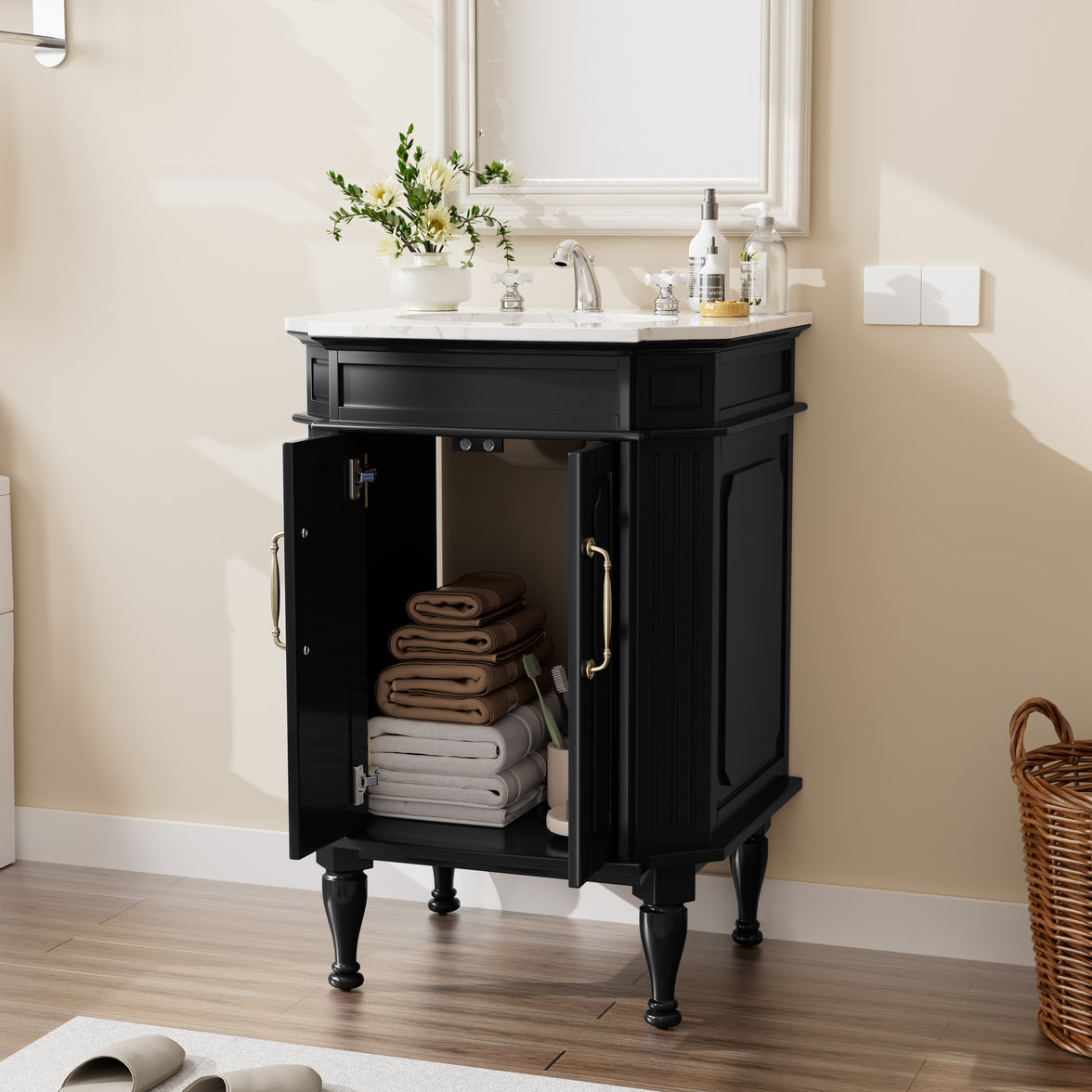 Providence 24" Freestanding Bathroom Vanity with White Marble Top, Ceramic Sink, Fully Assembled