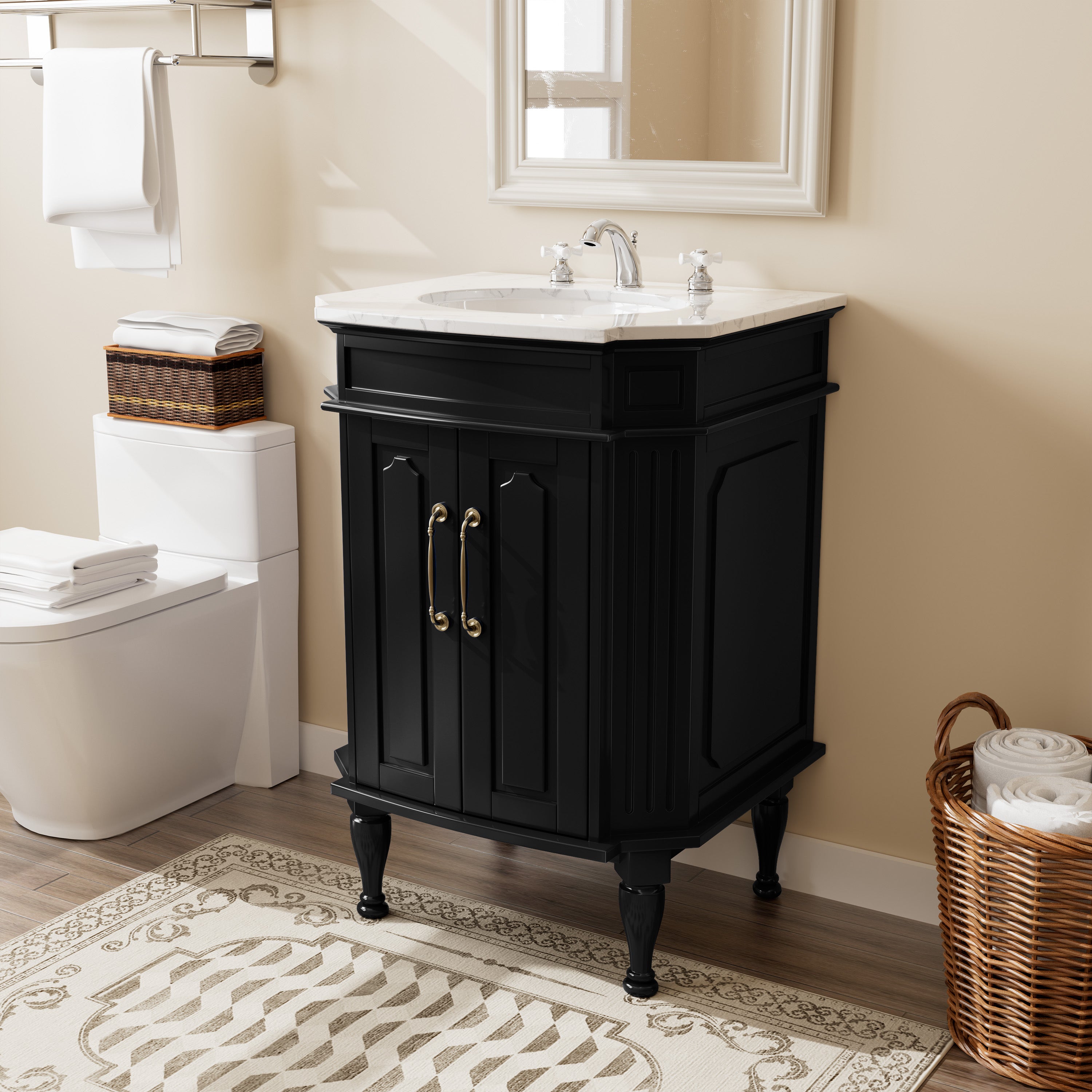Providence 24" Freestanding Bathroom Vanity with White Marble Top, Ceramic Sink, Fully Assembled