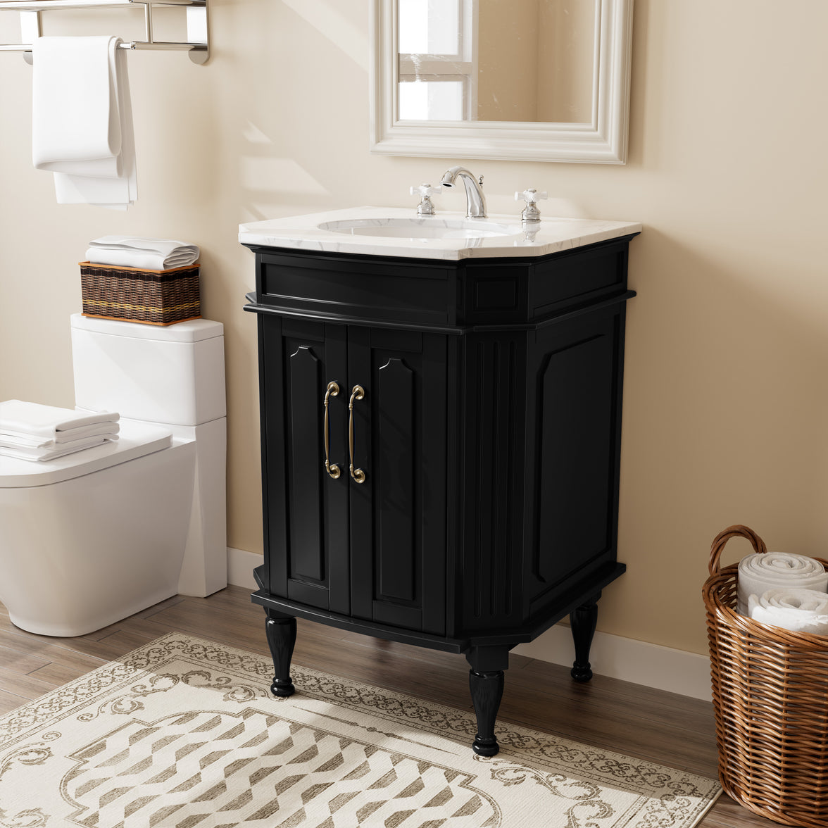 Providence 24" Freestanding Bathroom Vanity with White Marble Top, Ceramic Sink, Fully Assembled