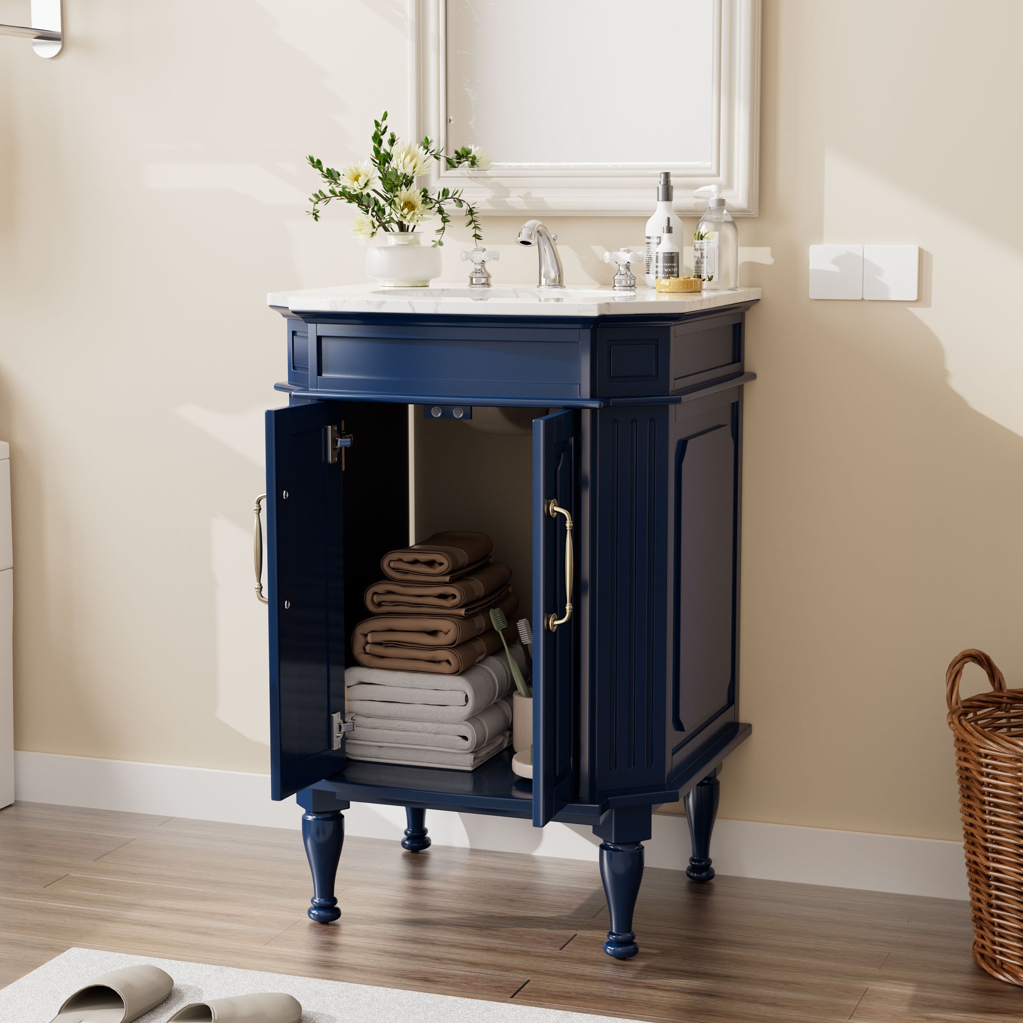 Providence 24" Freestanding Bathroom Vanity with White Marble Top, Ceramic Sink, Fully Assembled