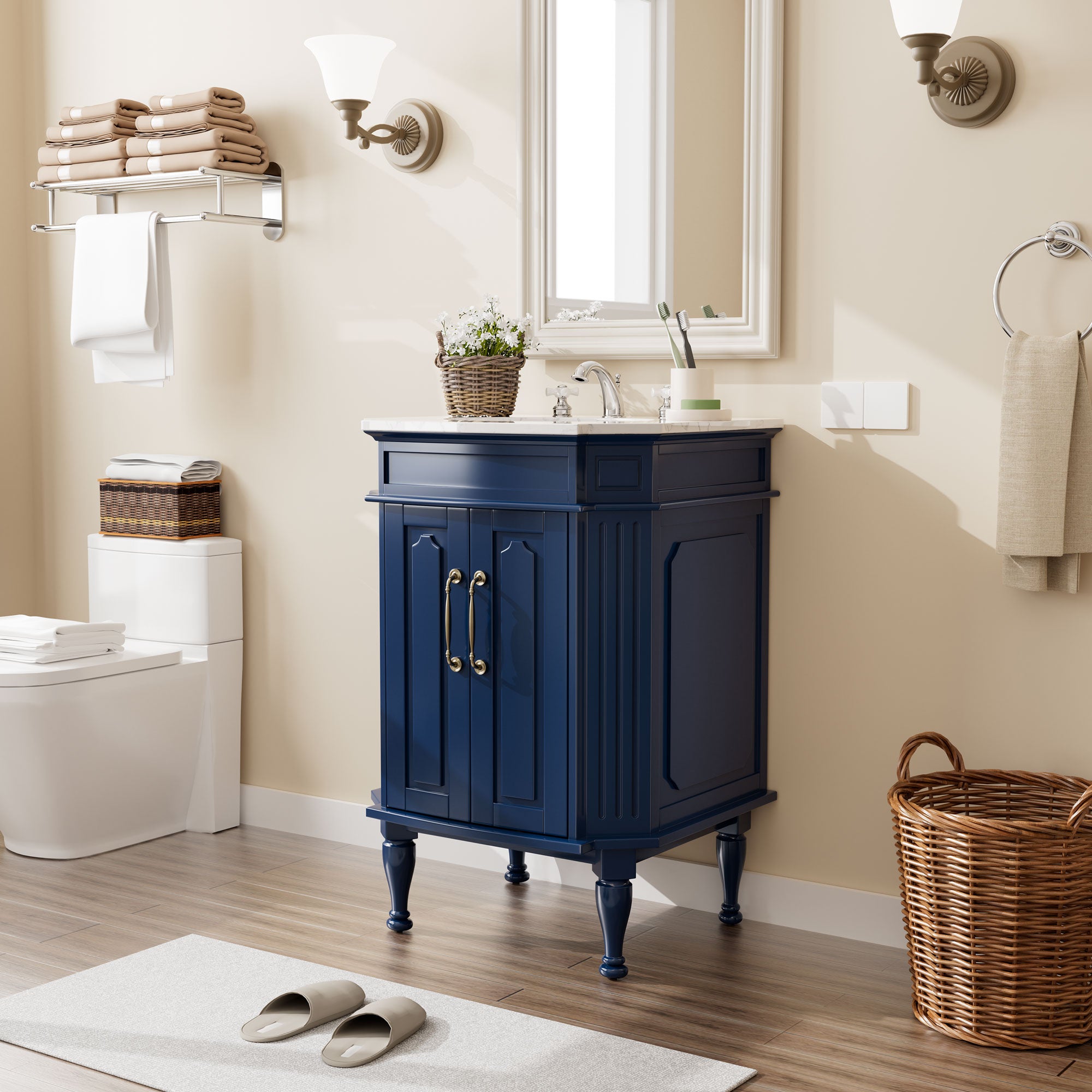 Providence 24" Freestanding Bathroom Vanity with White Marble Top, Ceramic Sink, Fully Assembled