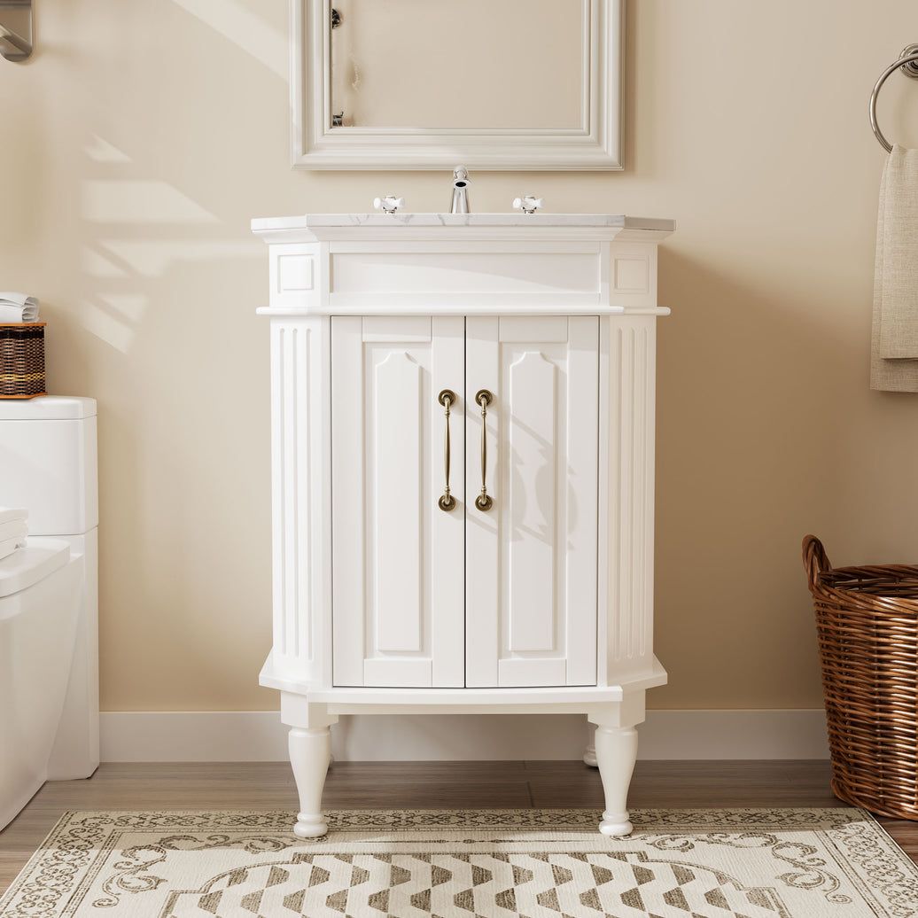 Providence 24" Freestanding Bathroom Vanity with White Marble Top, Ceramic Sink, Fully Assembled