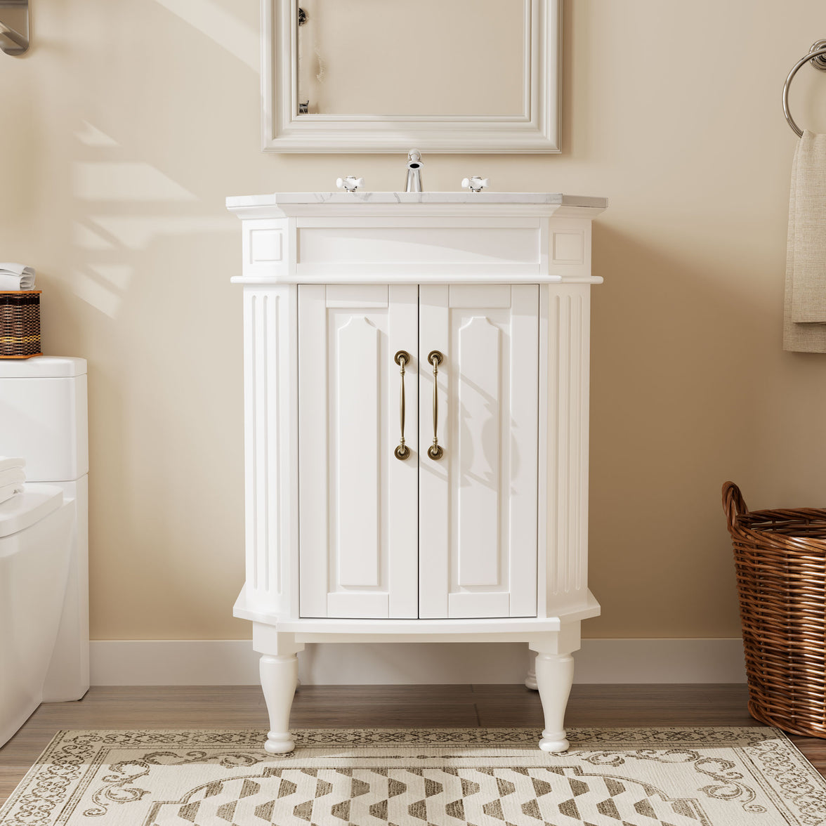 Providence 24" Freestanding Bathroom Vanity with White Marble Top, Ceramic Sink, Fully Assembled