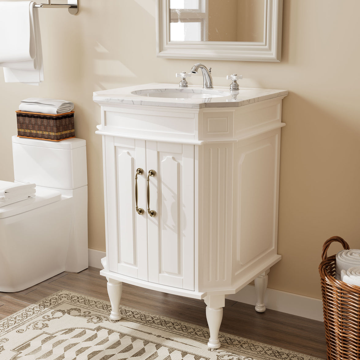 Providence 24" Freestanding Bathroom Vanity with White Marble Top, Ceramic Sink, Fully Assembled