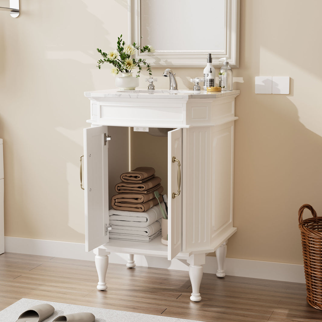 Providence 24" Freestanding Bathroom Vanity with White Marble Top, Ceramic Sink, Fully Assembled