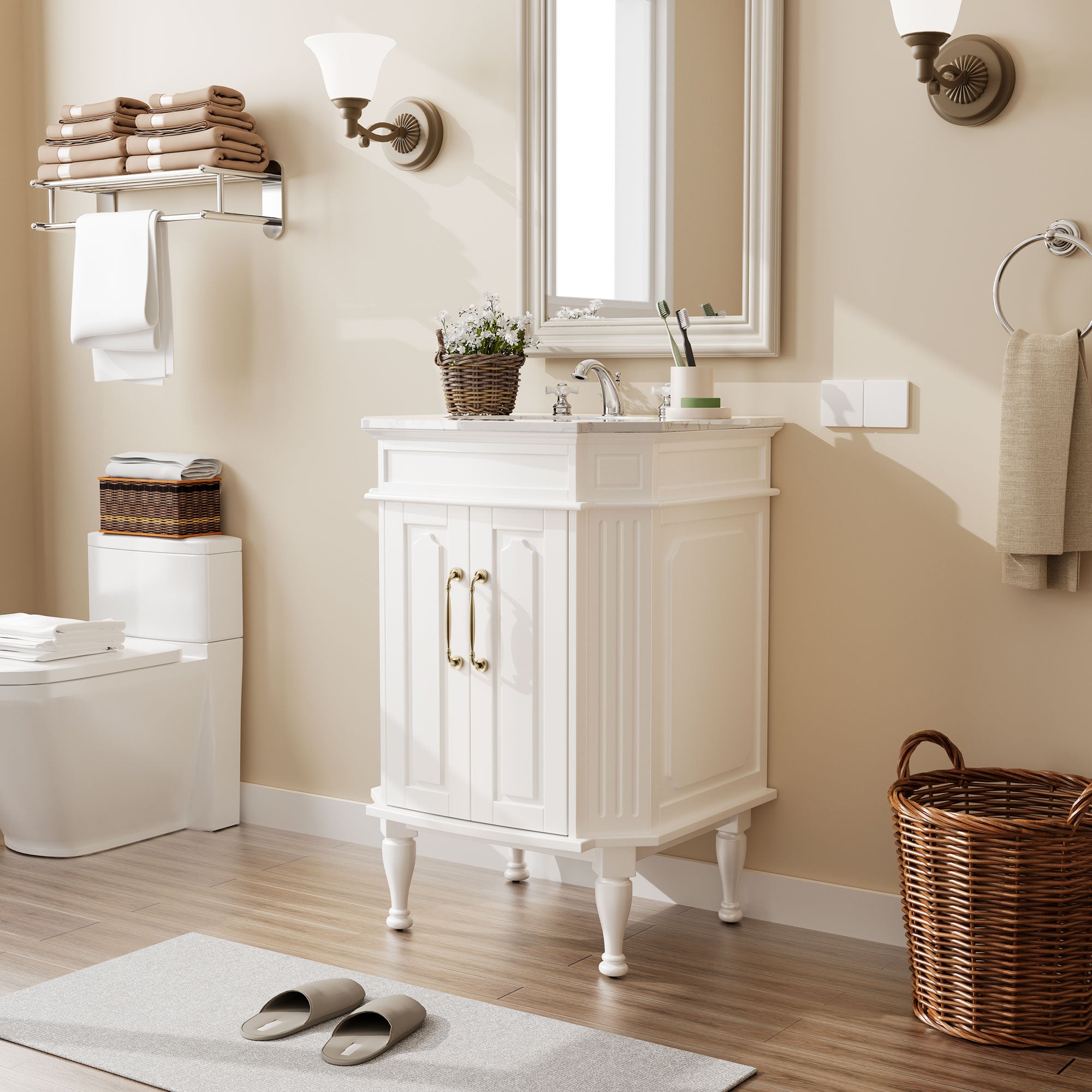 Providence 24" Freestanding Bathroom Vanity with White Marble Top, Ceramic Sink, Fully Assembled