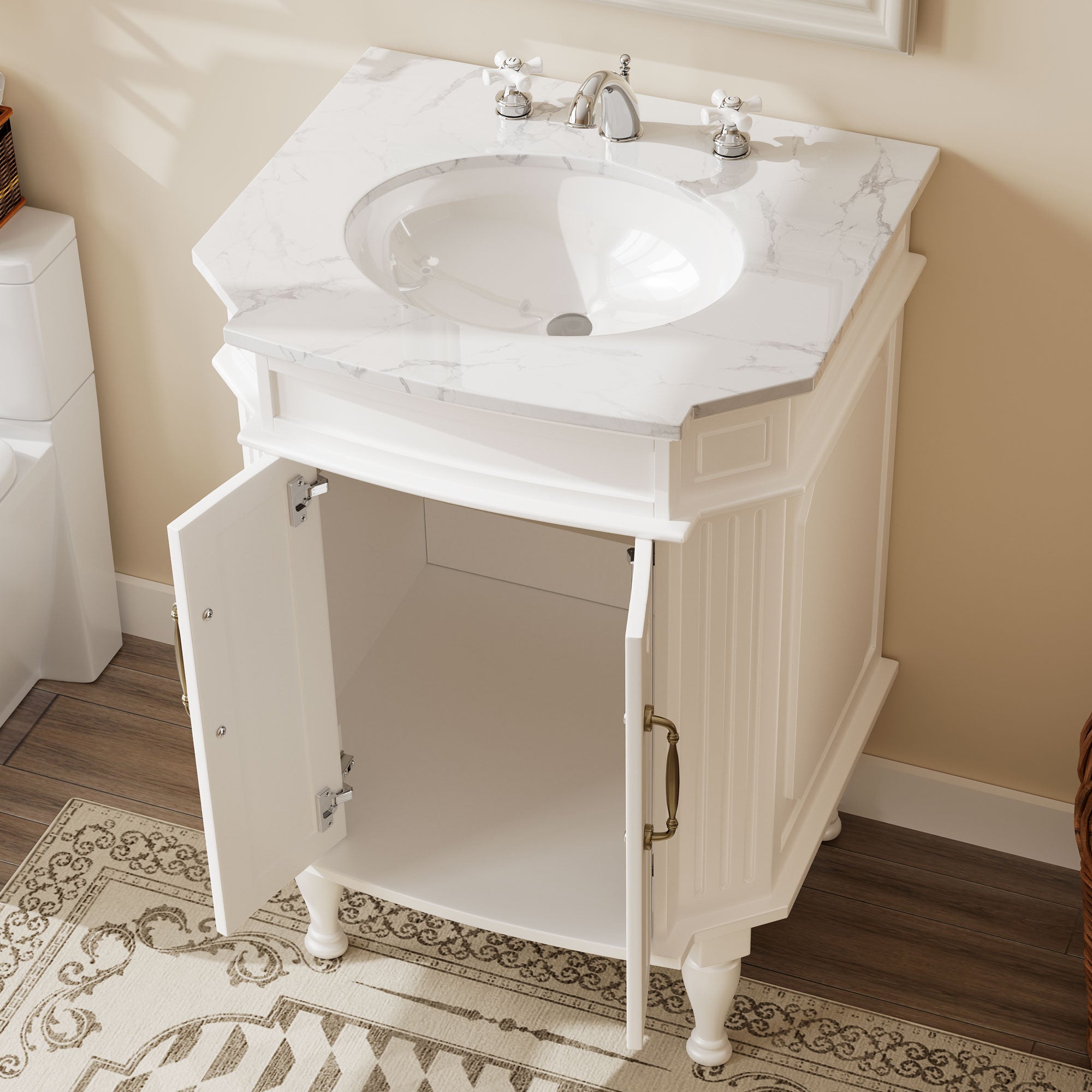 Providence 24" Freestanding Bathroom Vanity with White Marble Top, Ceramic Sink, Fully Assembled