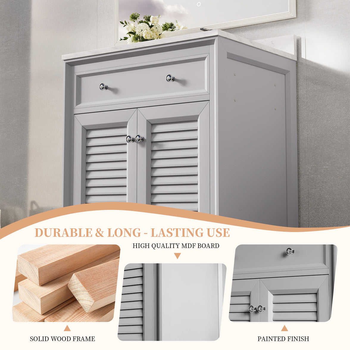 Coastal 28" Freestanding Bathroom Vanity with Louvered Cabinet Door and Engineered Marble Top, Fully Assembled