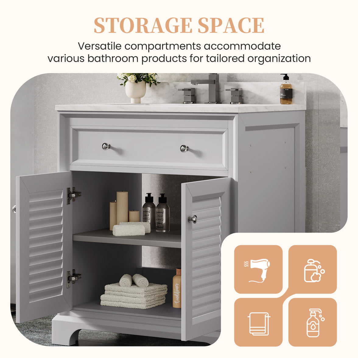 Coastal 28" Freestanding Bathroom Vanity with Louvered Cabinet Door and Engineered Marble Top, Fully Assembled