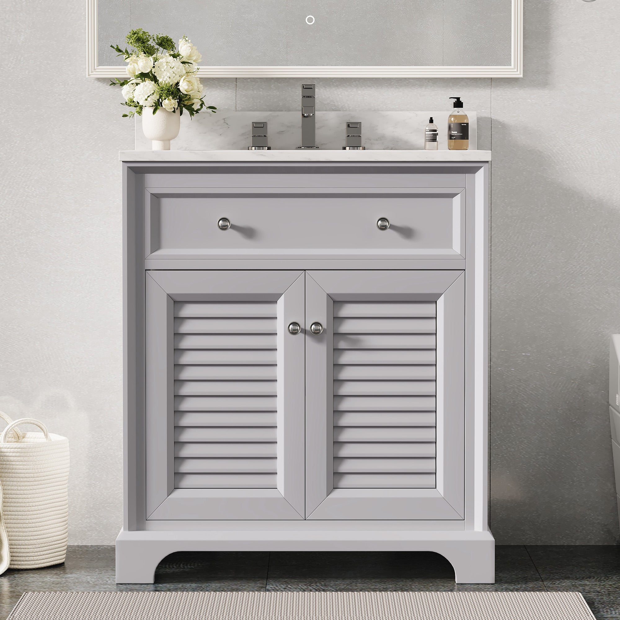 Coastal 28" Freestanding Bathroom Vanity with Louvered Cabinet Door and Engineered Marble Top, Fully Assembled