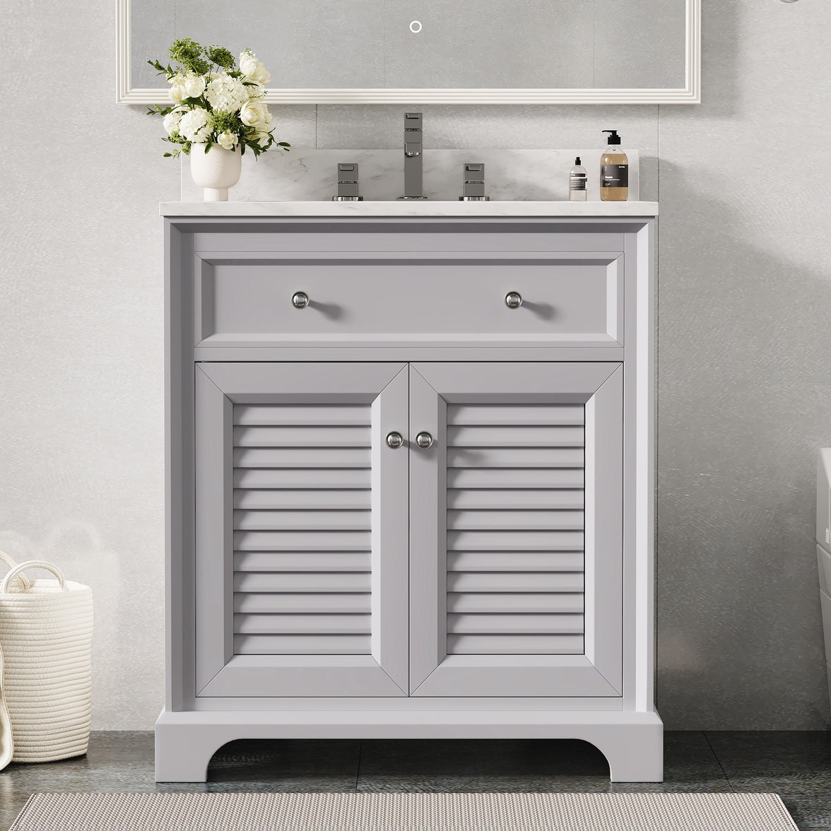 Coastal 28" Freestanding Bathroom Vanity with Louvered Cabinet Door and Engineered Marble Top, Fully Assembled