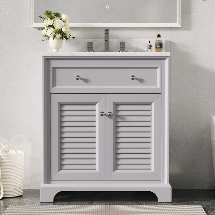 Coastal 28" Freestanding Bathroom Vanity with Louvered Cabinet Door and Engineered Marble Top, Fully Assembled