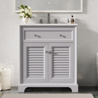 Coastal 28" Freestanding Bathroom Vanity with Louvered Cabinet Door and Engineered Marble Top, Fully Assembled